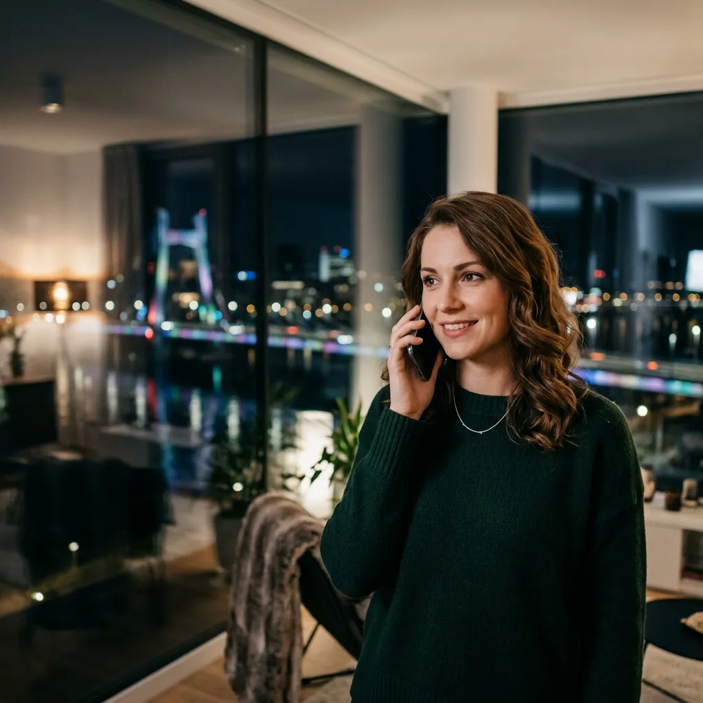 Sinnliche Frau telefoniert in einem Penthouse mit Blick auf die Nibelungenbrücke in Linz