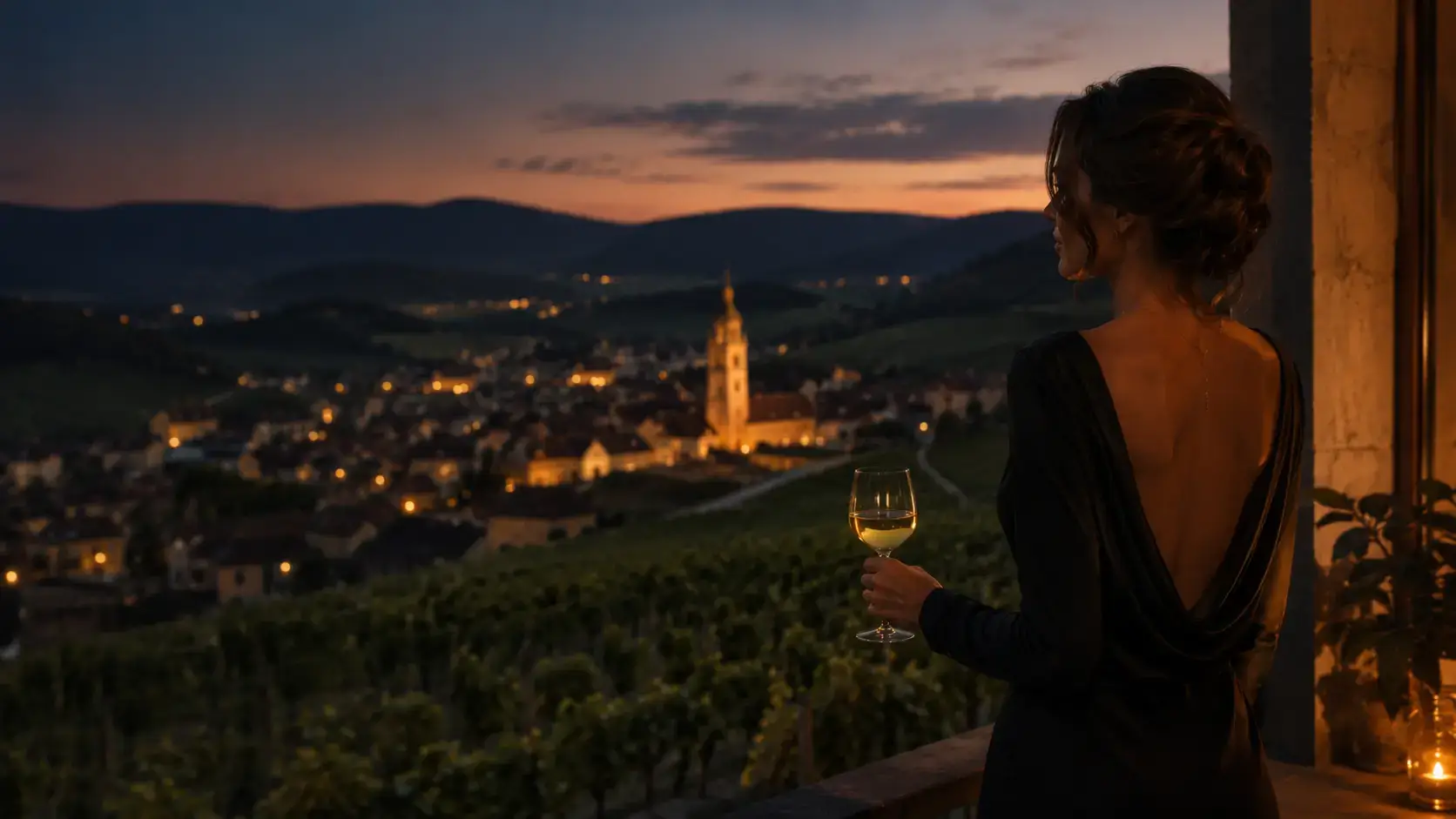 Abendlicher Blick über Weinberge und einen ruhigen Ort als Symbol für einen privaten Telefonmoment in Niederösterreich