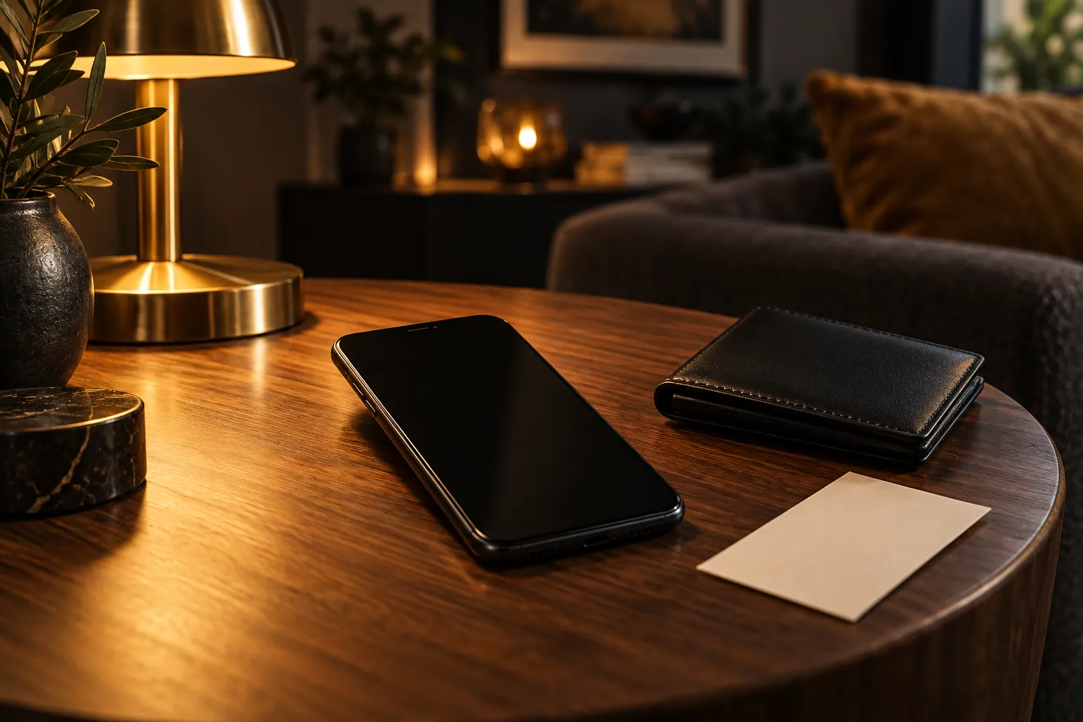 Smartphone neben geschlossenem Portemonnaie und einem leeren Beleg auf einem Holztisch